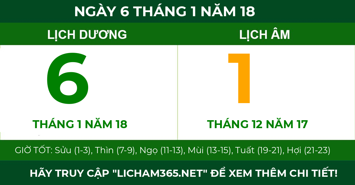lịch âm ngày 6 tháng 1 năm 18