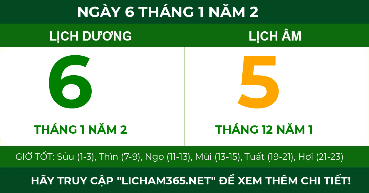 lịch âm ngày 6 tháng 1 năm 2