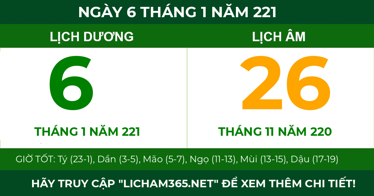 lịch âm ngày 6 tháng 1 năm 221