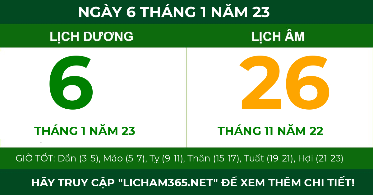 lịch âm ngày 6 tháng 1 năm 23