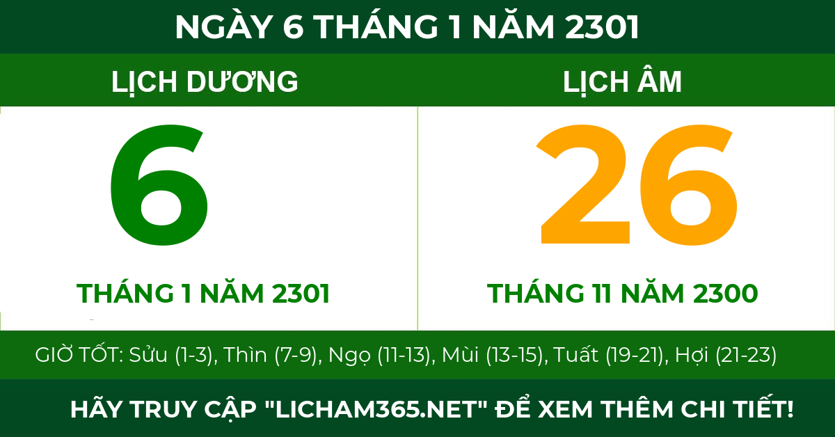 lịch âm ngày 6 tháng 1 năm 2301