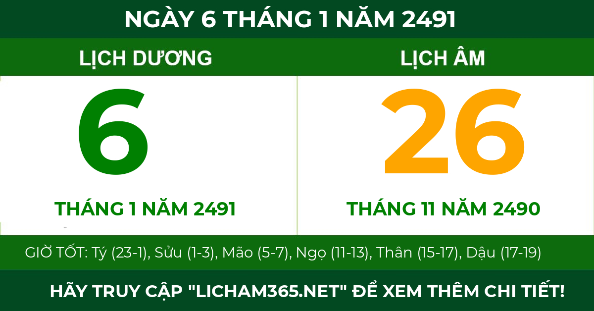 lịch âm ngày 6 tháng 1 năm 2491