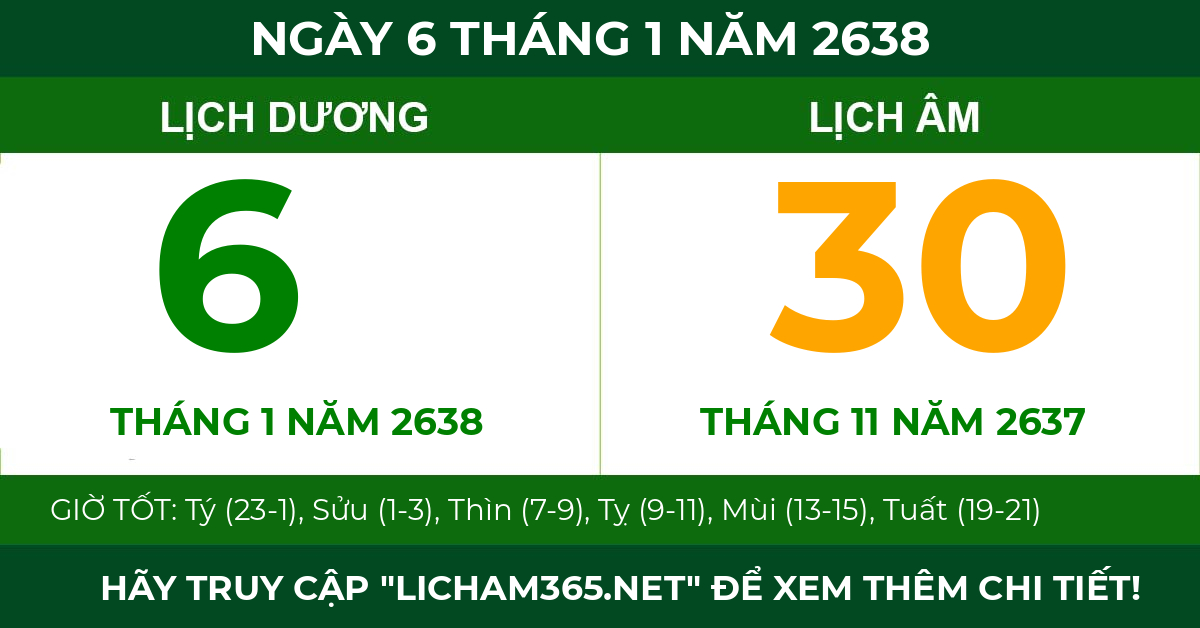lịch âm ngày 6 tháng 1 năm 2638