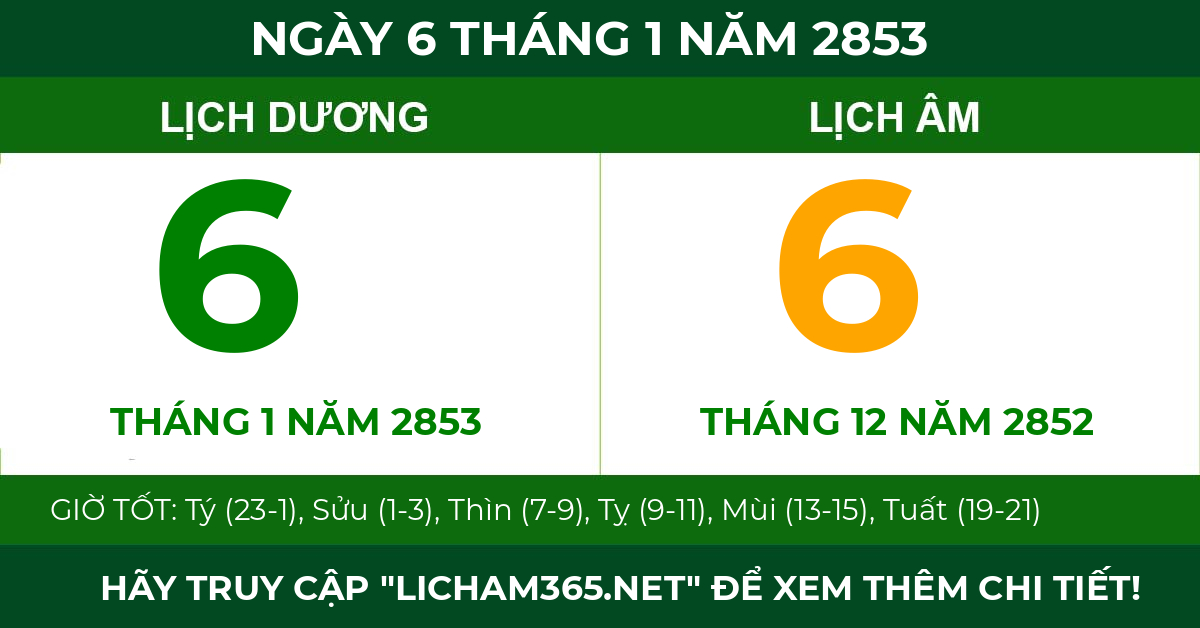 lịch âm ngày 6 tháng 1 năm 2853