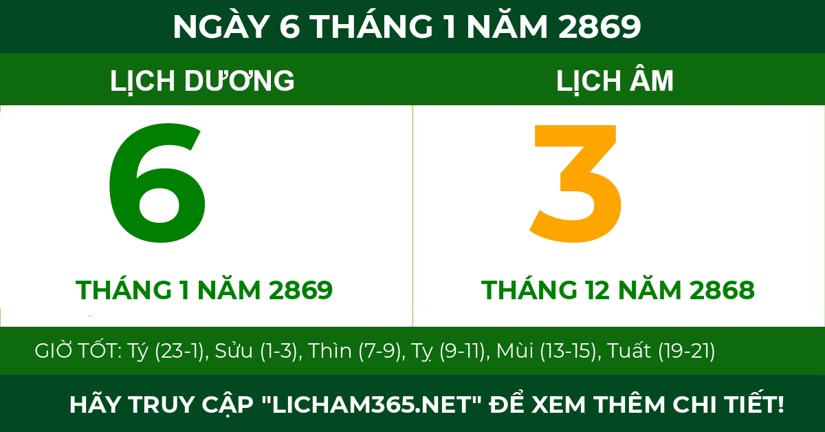lịch âm ngày 6 tháng 1 năm 2869