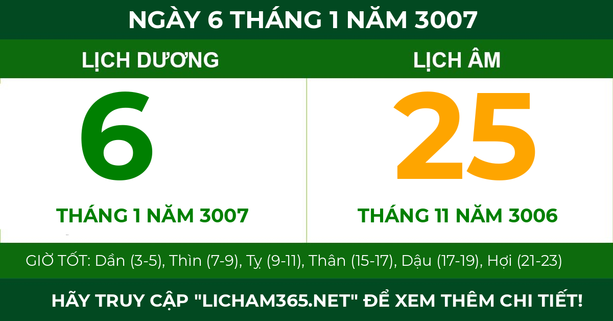 lịch âm ngày 6 tháng 1 năm 3007