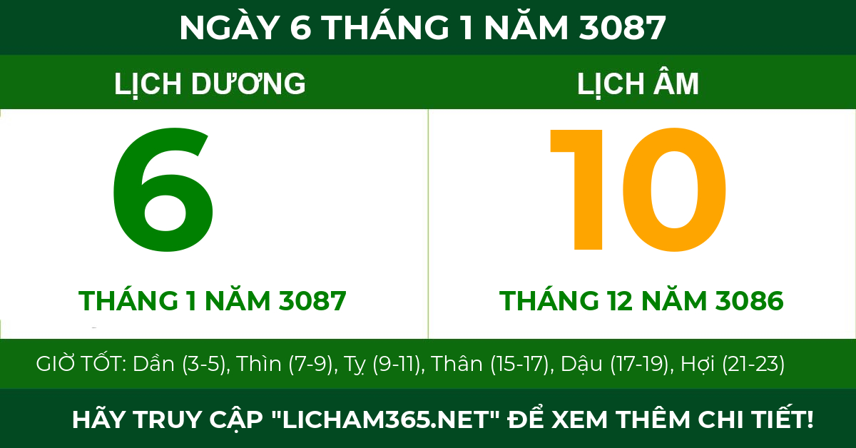 lịch âm ngày 6 tháng 1 năm 3087