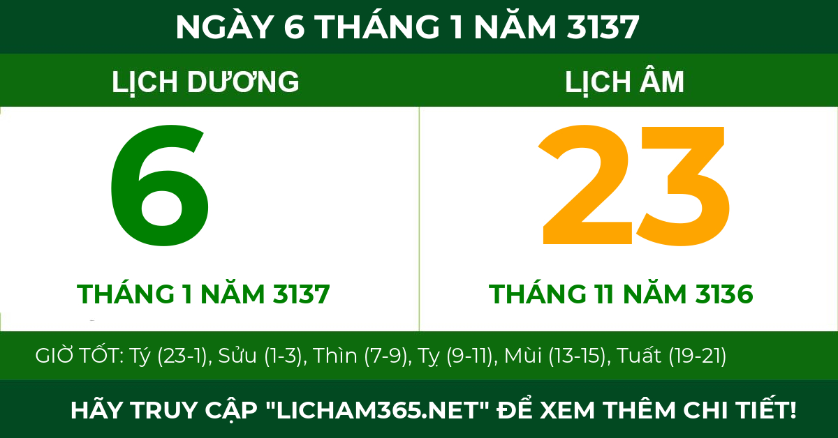 lịch âm ngày 6 tháng 1 năm 3137
