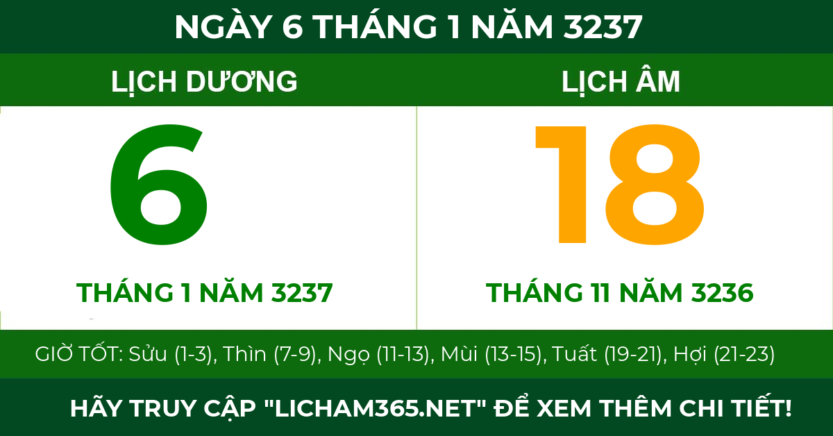 lịch âm ngày 6 tháng 1 năm 3237