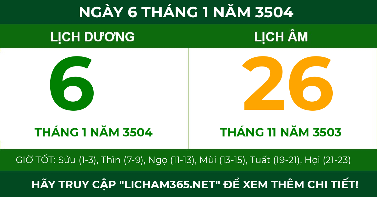 lịch âm ngày 6 tháng 1 năm 3504