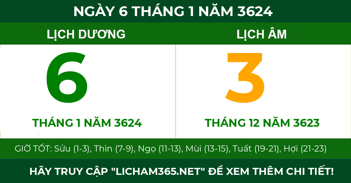 lịch âm ngày 6 tháng 1 năm 3624
