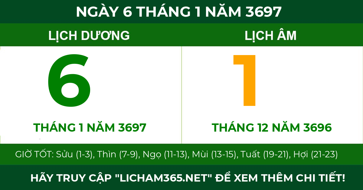 lịch âm ngày 6 tháng 1 năm 3697