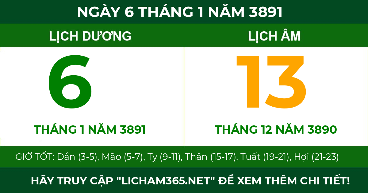 lịch âm ngày 6 tháng 1 năm 3891