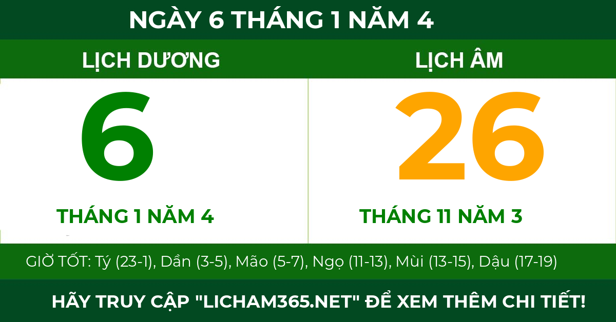 lịch âm ngày 6 tháng 1 năm 4