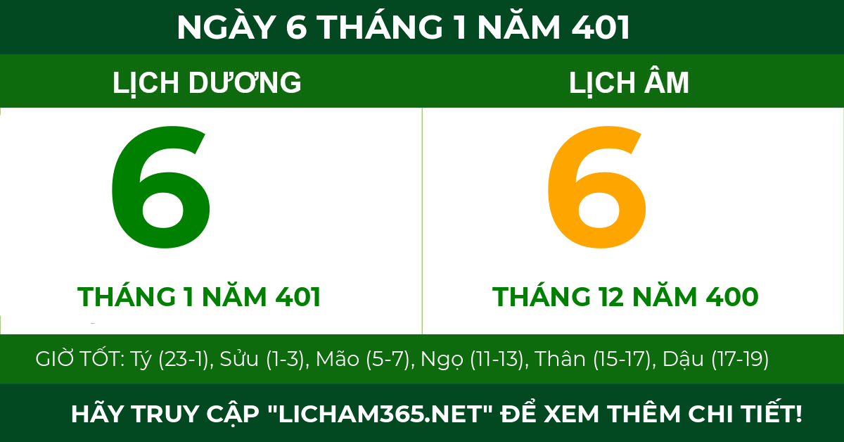 lịch âm ngày 6 tháng 1 năm 401