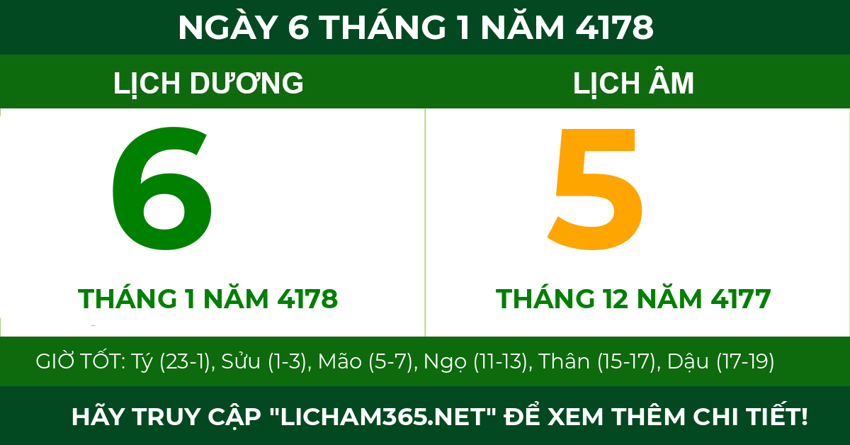 lịch âm ngày 6 tháng 1 năm 4178