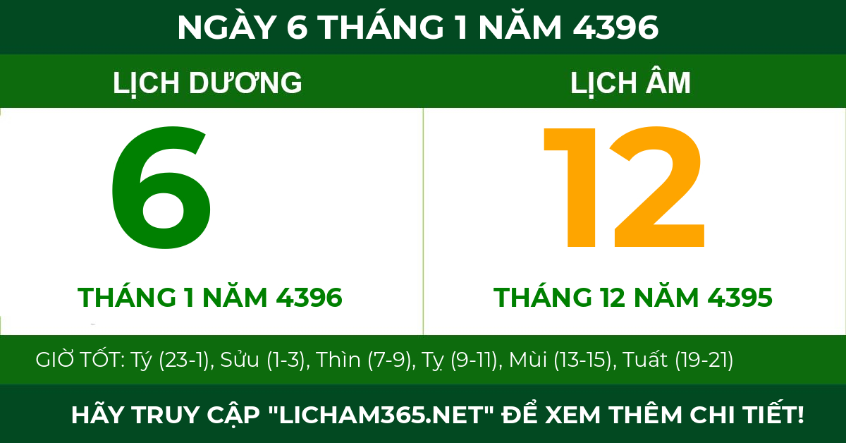 lịch âm ngày 6 tháng 1 năm 4396
