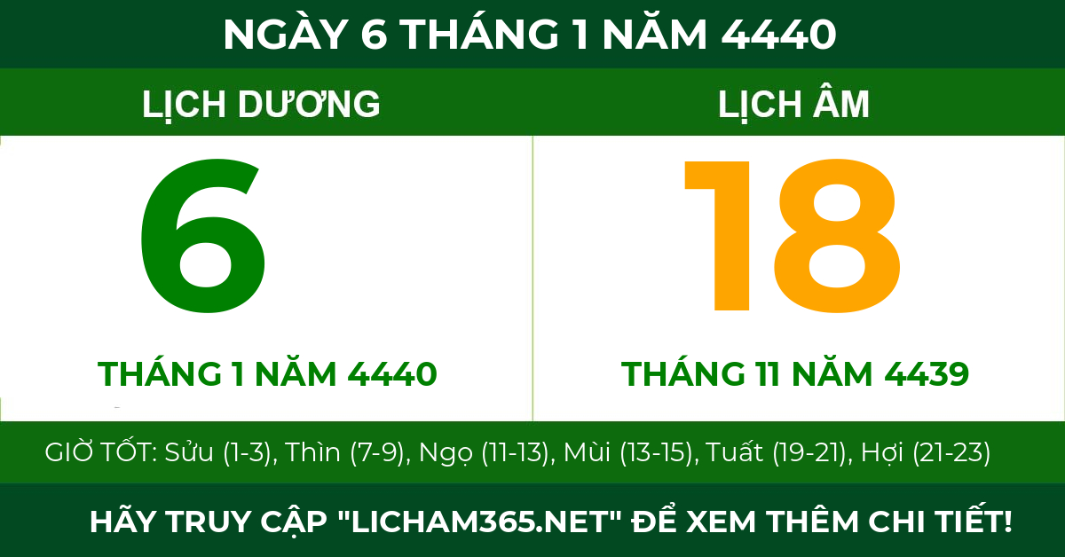lịch âm ngày 6 tháng 1 năm 4440