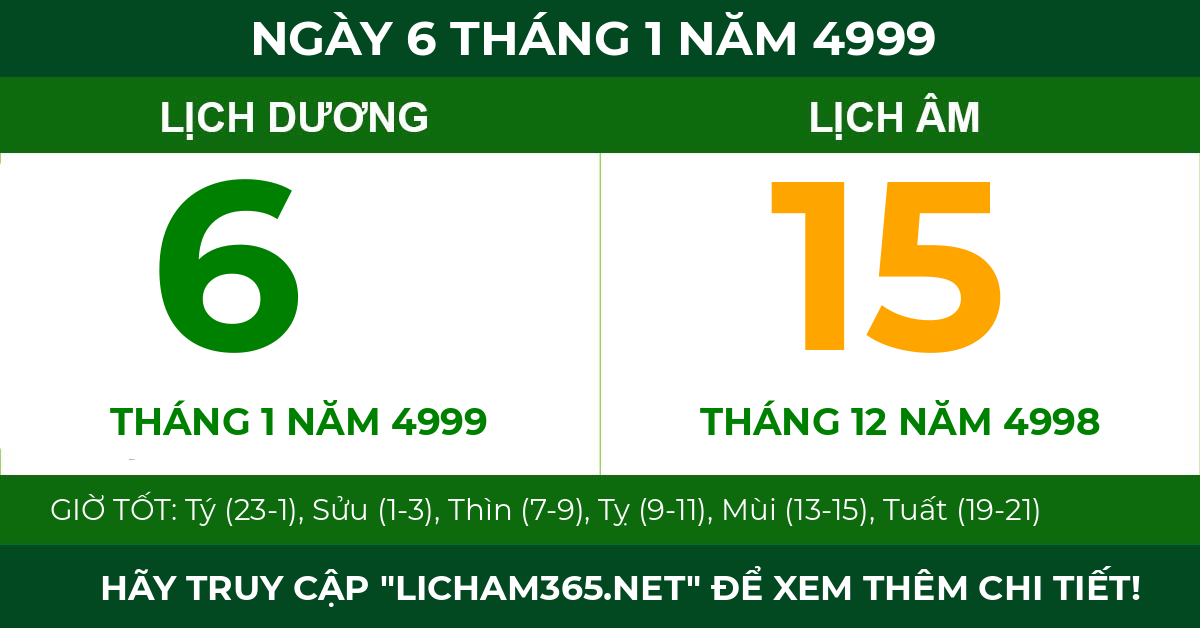 lịch âm ngày 6 tháng 1 năm 4999