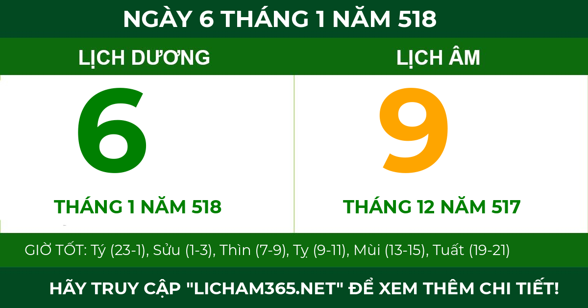 lịch âm ngày 6 tháng 1 năm 518
