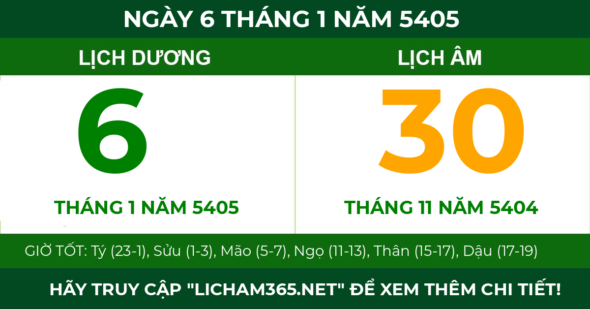 lịch âm ngày 6 tháng 1 năm 5405