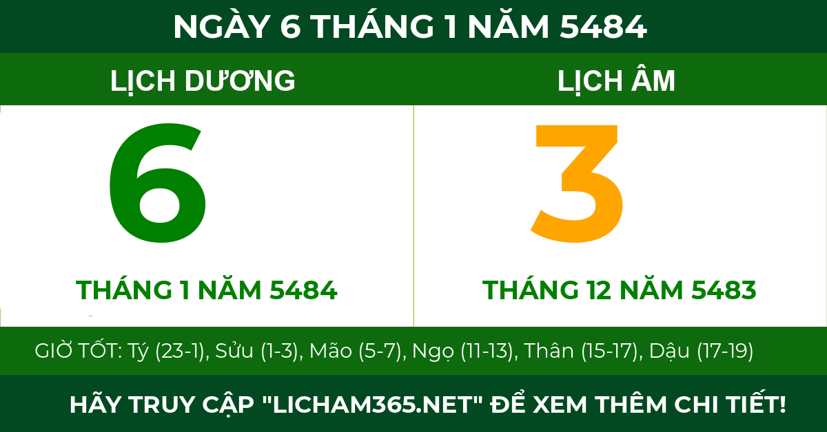 lịch âm ngày 6 tháng 1 năm 5484