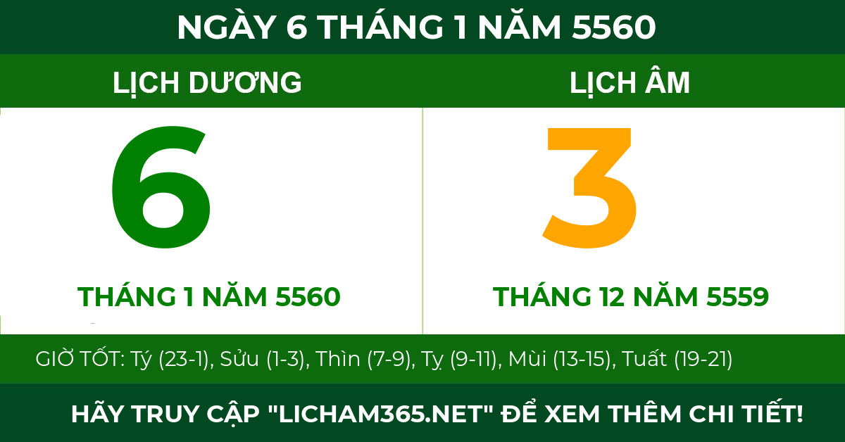 lịch âm ngày 6 tháng 1 năm 5560