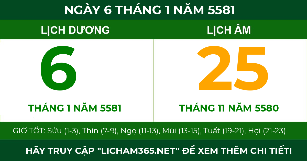 lịch âm ngày 6 tháng 1 năm 5581