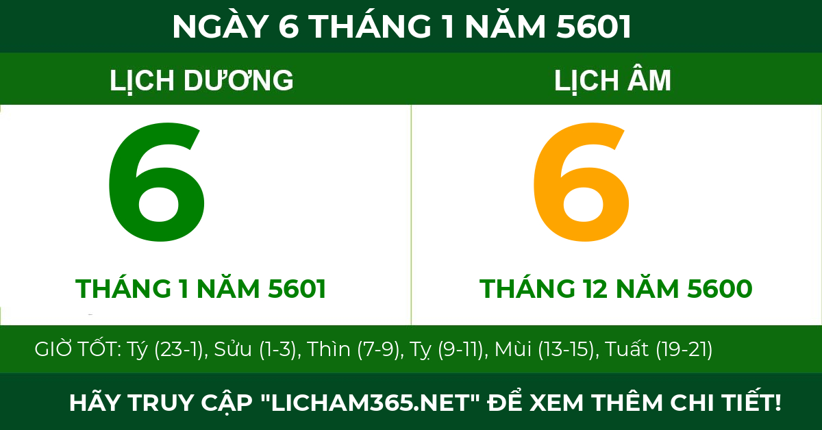 lịch âm ngày 6 tháng 1 năm 5601