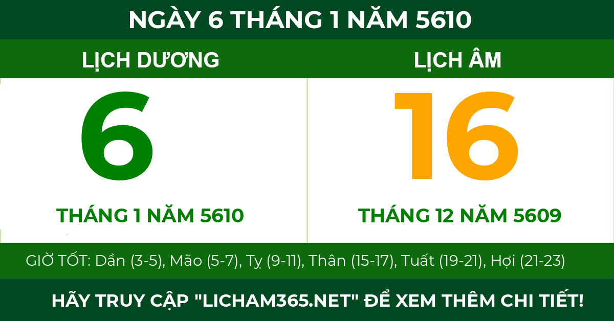 lịch âm ngày 6 tháng 1 năm 5610