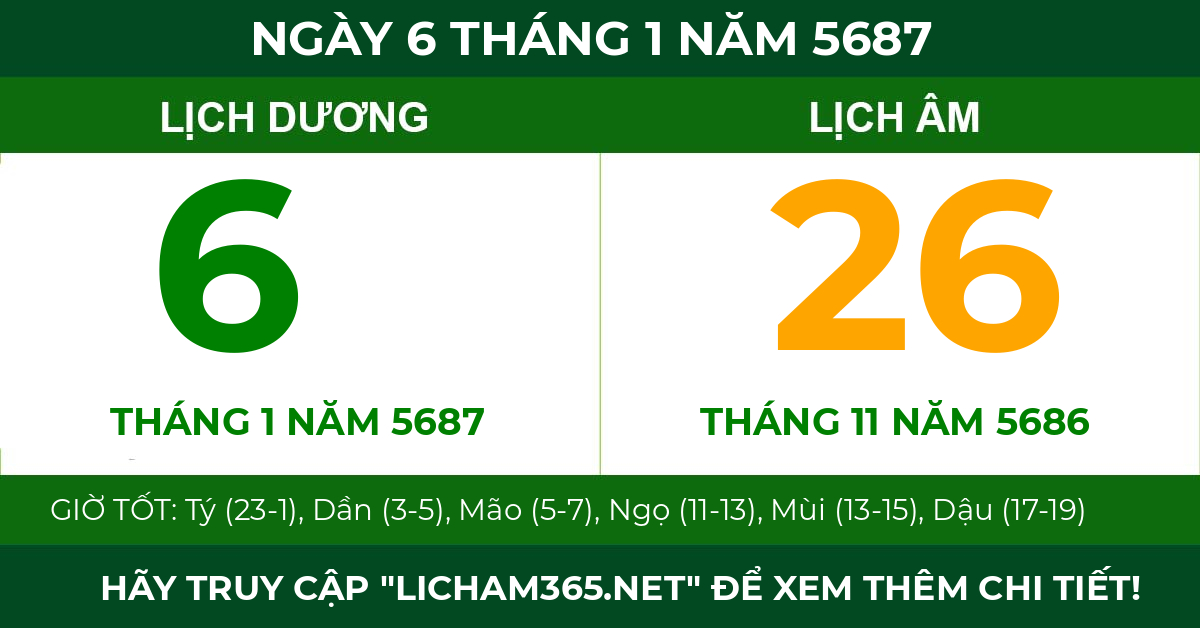 lịch âm ngày 6 tháng 1 năm 5687