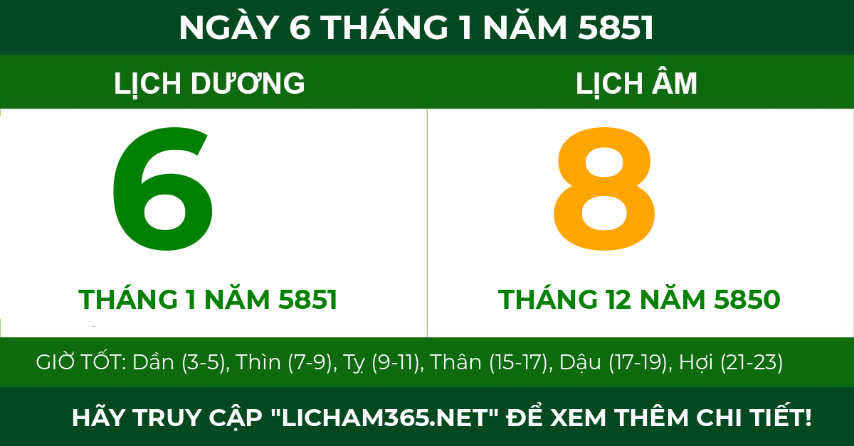 lịch âm ngày 6 tháng 1 năm 5851