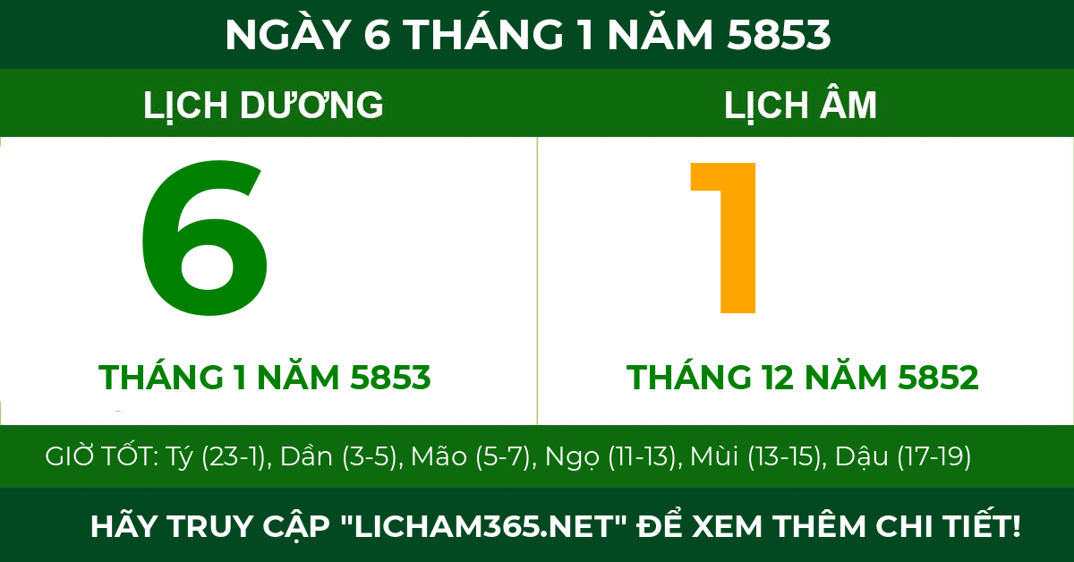 lịch âm ngày 6 tháng 1 năm 5853