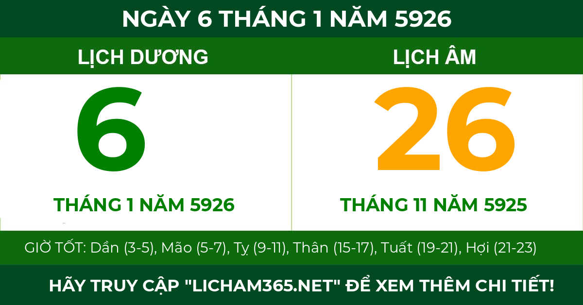 lịch âm ngày 6 tháng 1 năm 5926