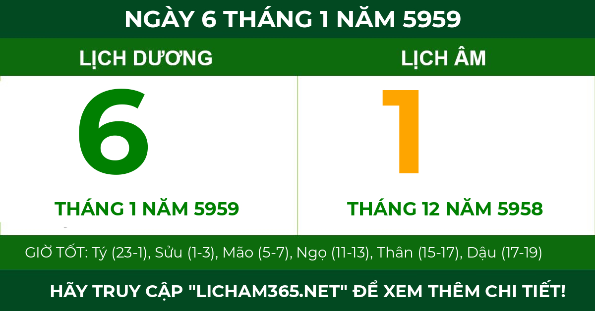 lịch âm ngày 6 tháng 1 năm 5959