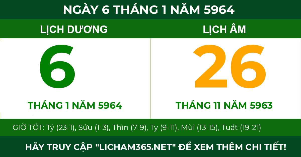 lịch âm ngày 6 tháng 1 năm 5964