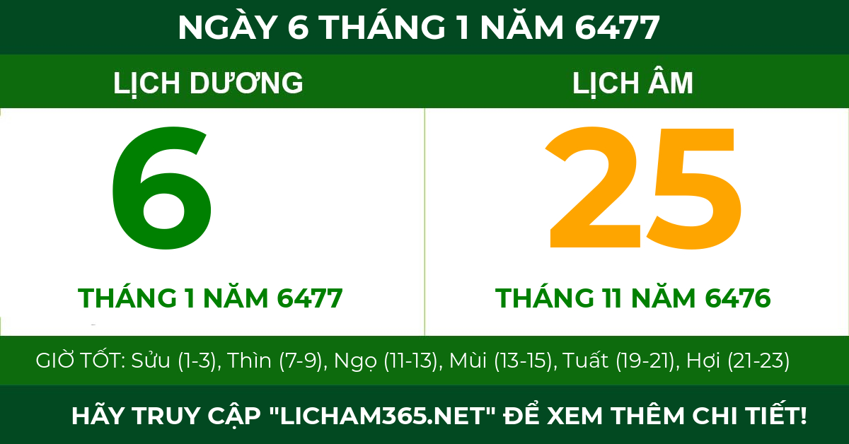 lịch âm ngày 6 tháng 1 năm 6477