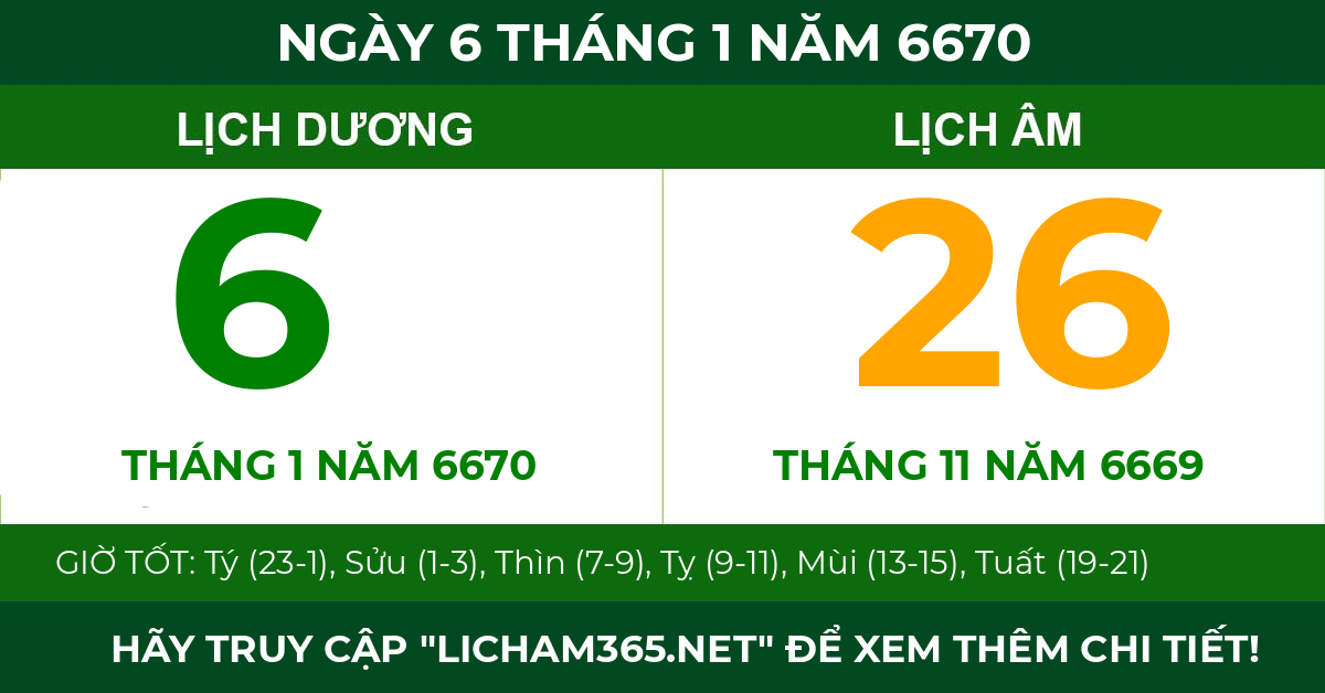 lịch âm ngày 6 tháng 1 năm 6670