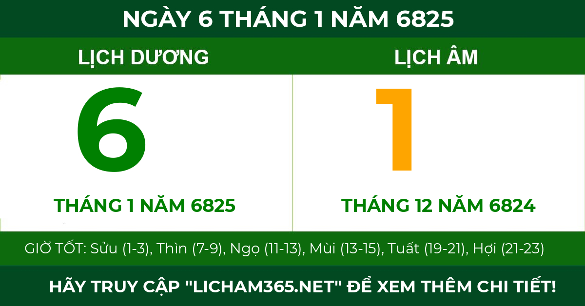 lịch âm ngày 6 tháng 1 năm 6825