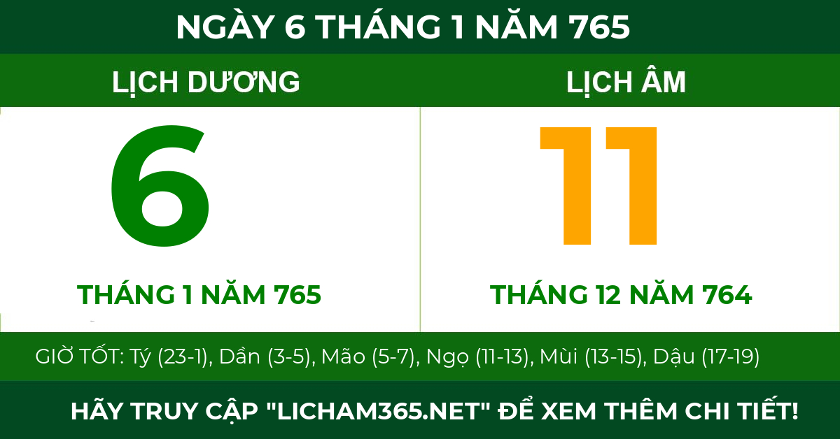 lịch âm ngày 6 tháng 1 năm 765