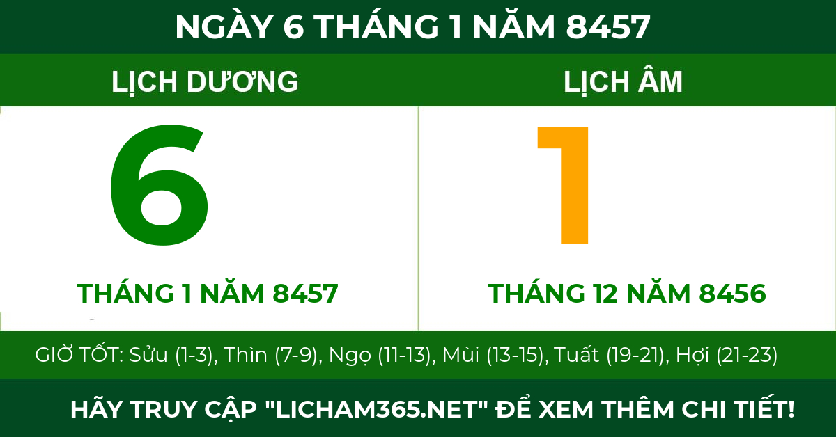 lịch âm ngày 6 tháng 1 năm 8457