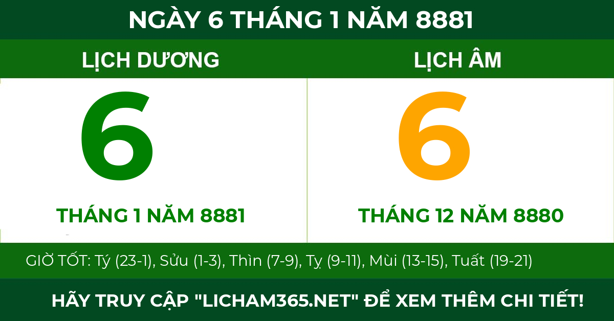 lịch âm ngày 6 tháng 1 năm 8881