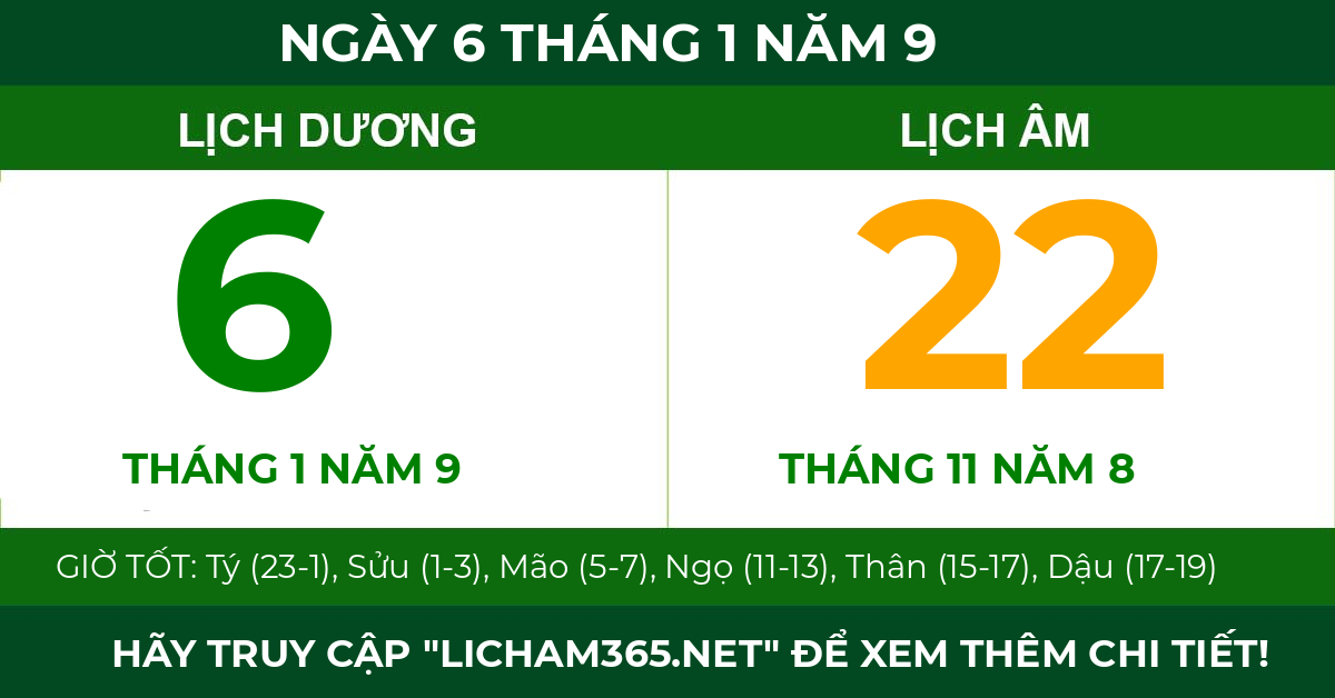 lịch âm ngày 6 tháng 1 năm 9