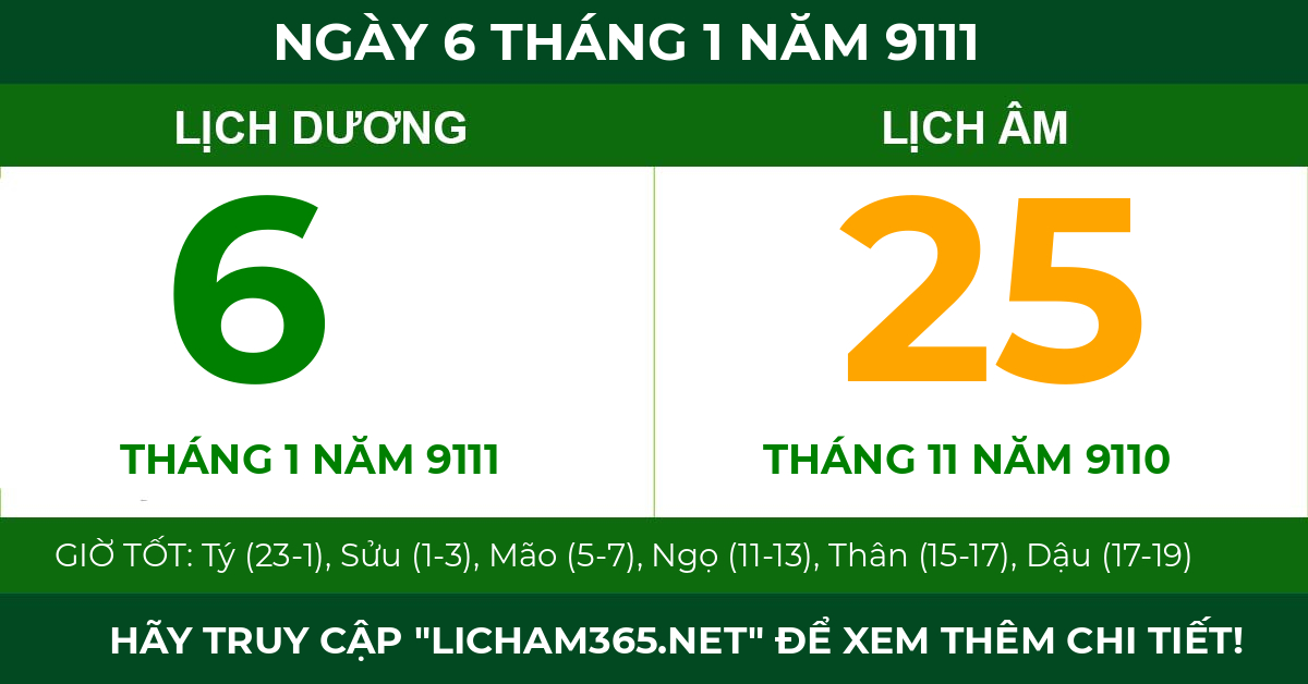 lịch âm ngày 6 tháng 1 năm 9111