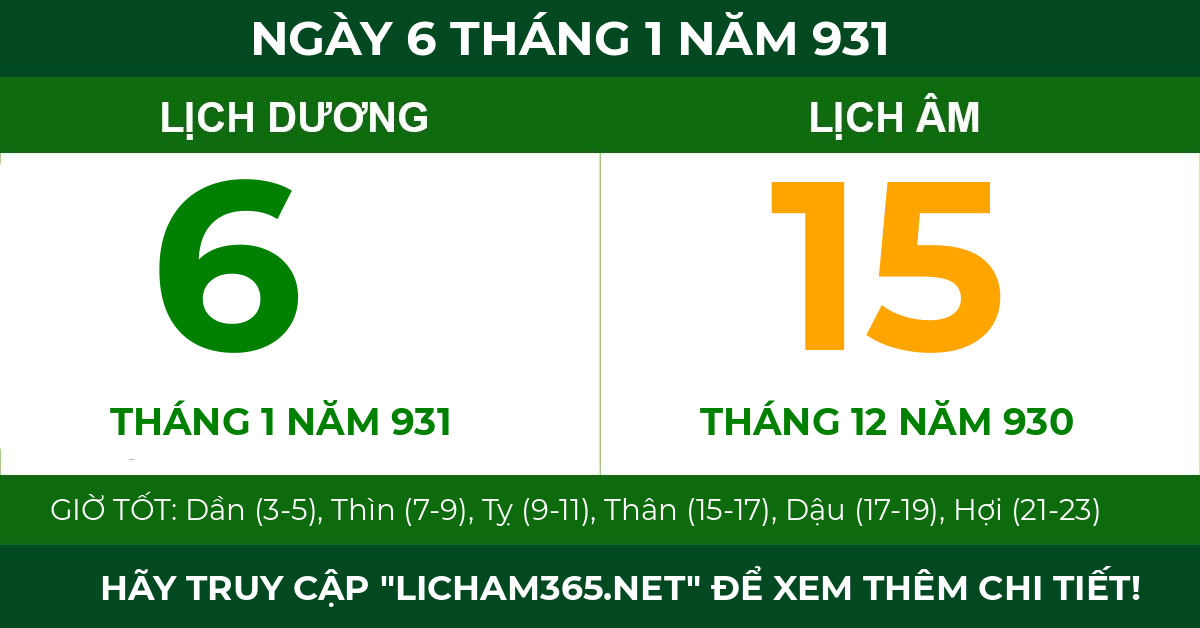 lịch âm ngày 6 tháng 1 năm 931