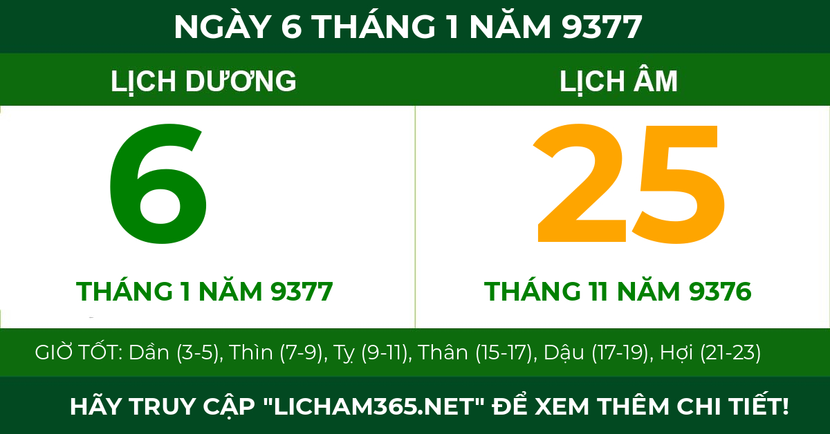 lịch âm ngày 6 tháng 1 năm 9377