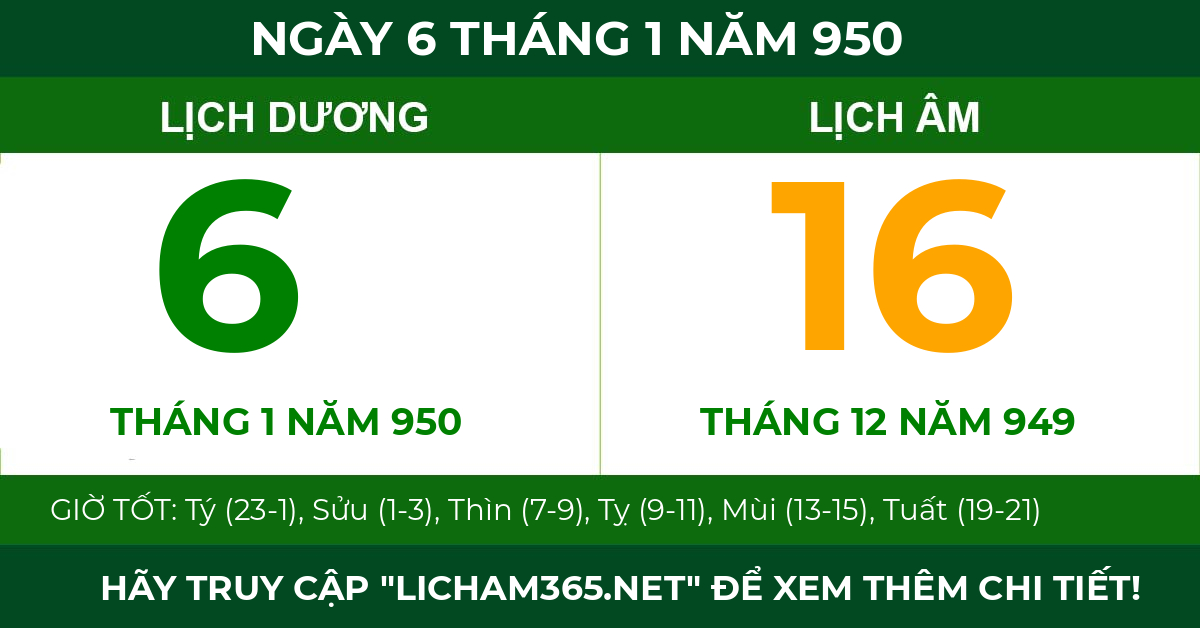 lịch âm ngày 6 tháng 1 năm 950