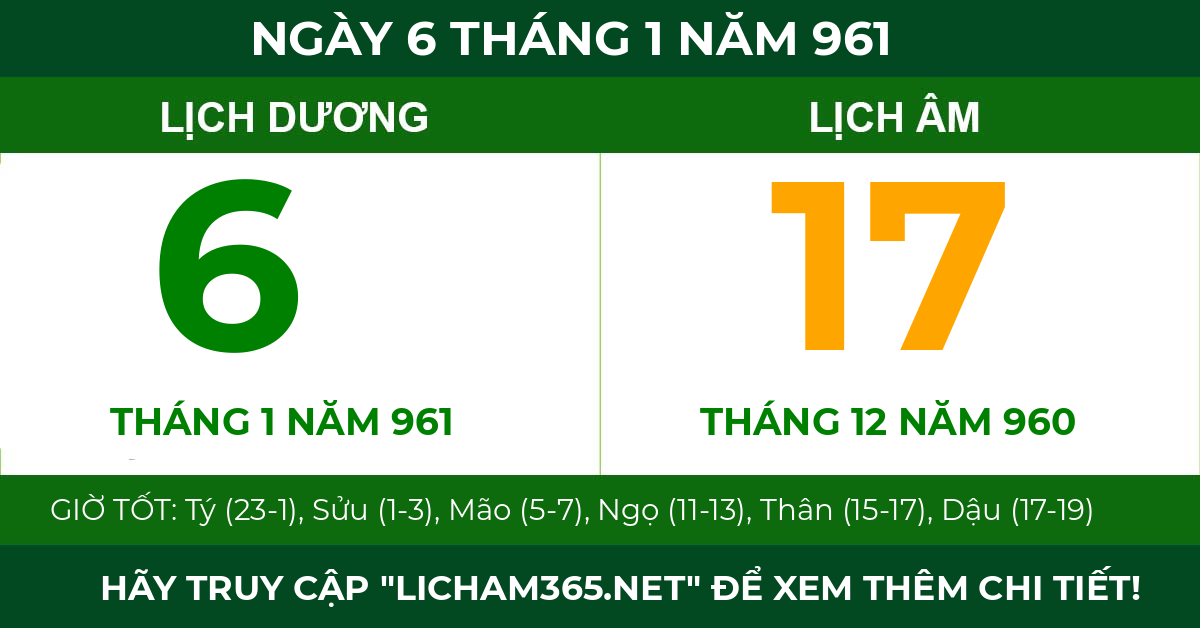 lịch âm ngày 6 tháng 1 năm 961