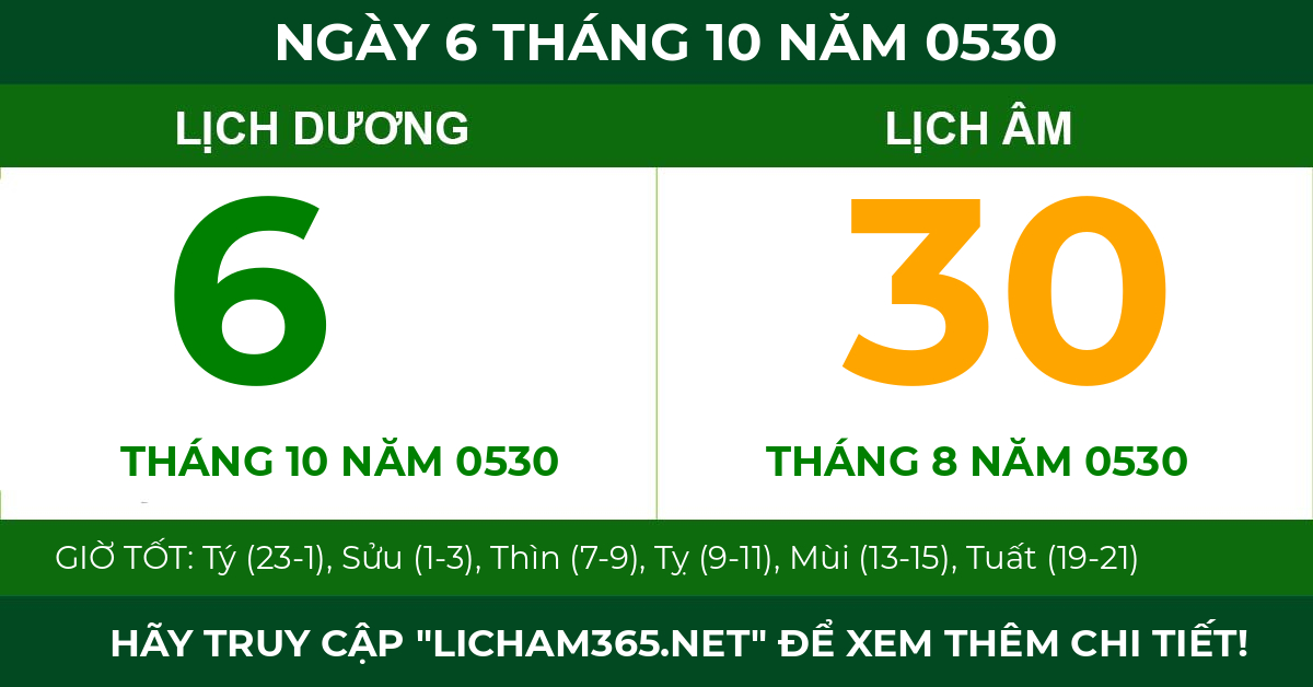 lịch âm ngày 6 tháng 10 năm 0530