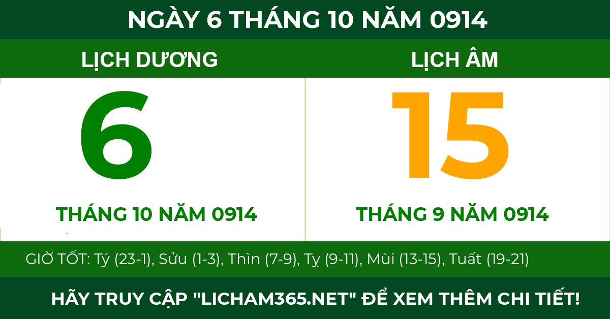 lịch âm ngày 6 tháng 10 năm 0914